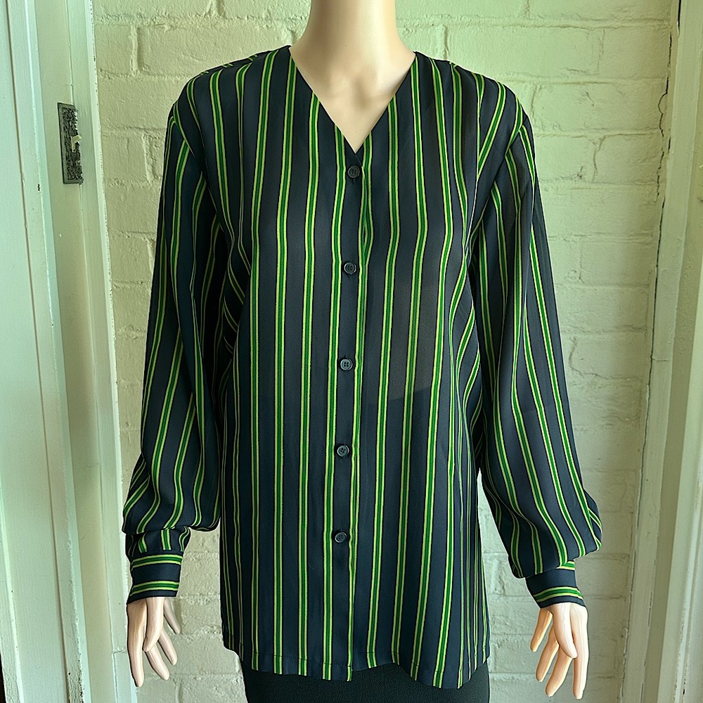 Chaus size 16 navy blue and green vertical stripped button down blouse top